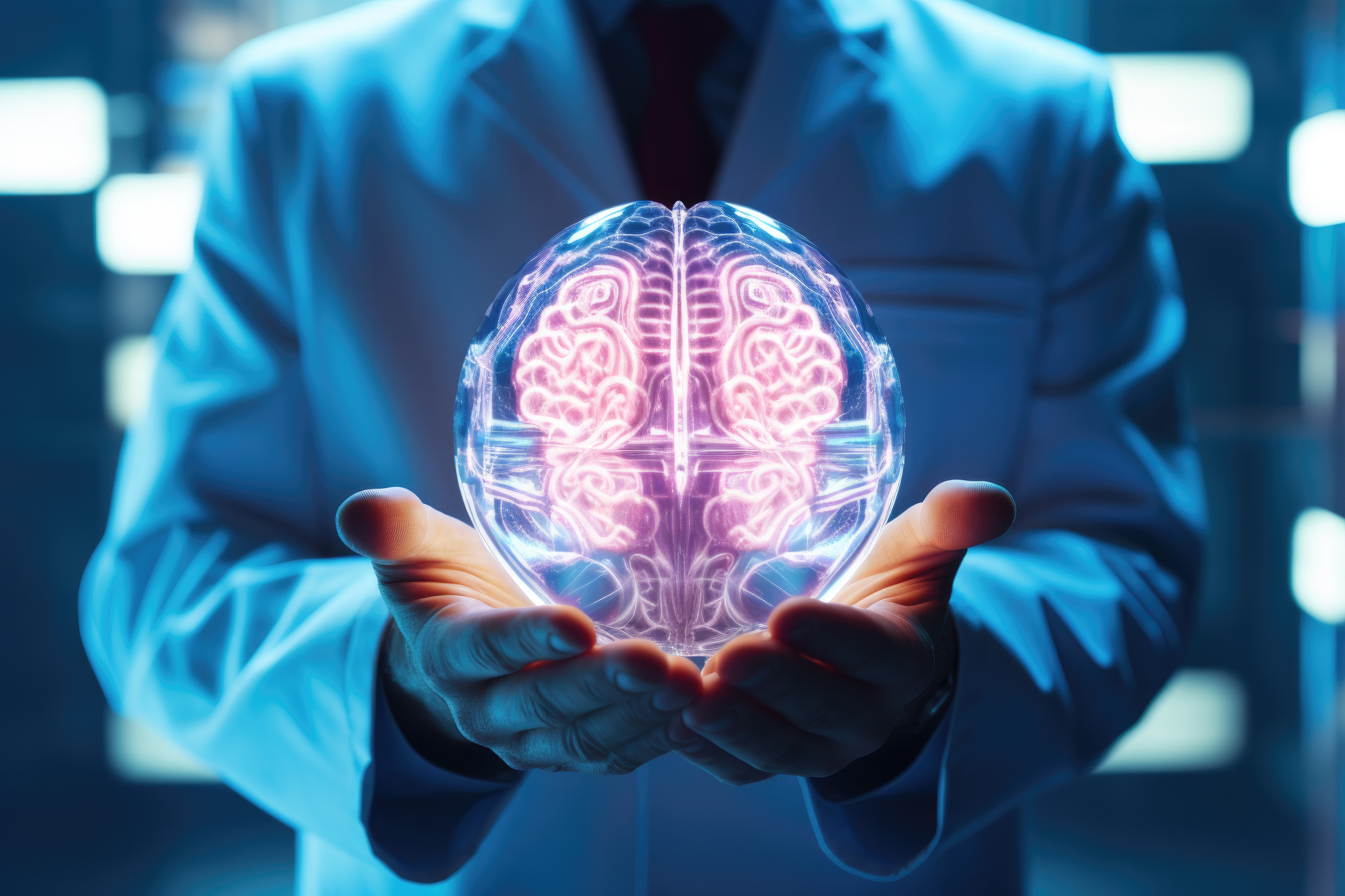 Profesional de la salud mental con cerebro holográfico representando la tecnología PsicoTech